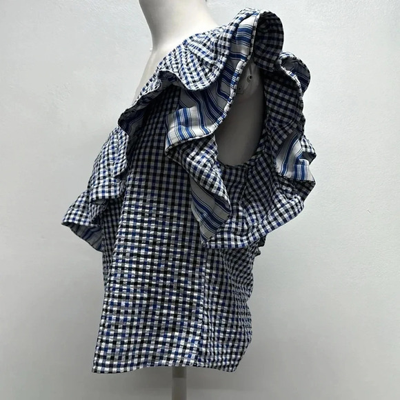 Misa Blouse One Shoulder Top Ruffled Blouse Gingham Plaid  Blue White Size Small - Picture 3 of 10
